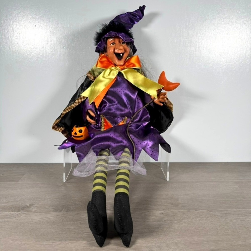 Vintage Sitting Halloween Witch Doll Purple Satin Dress Large 34in Decor